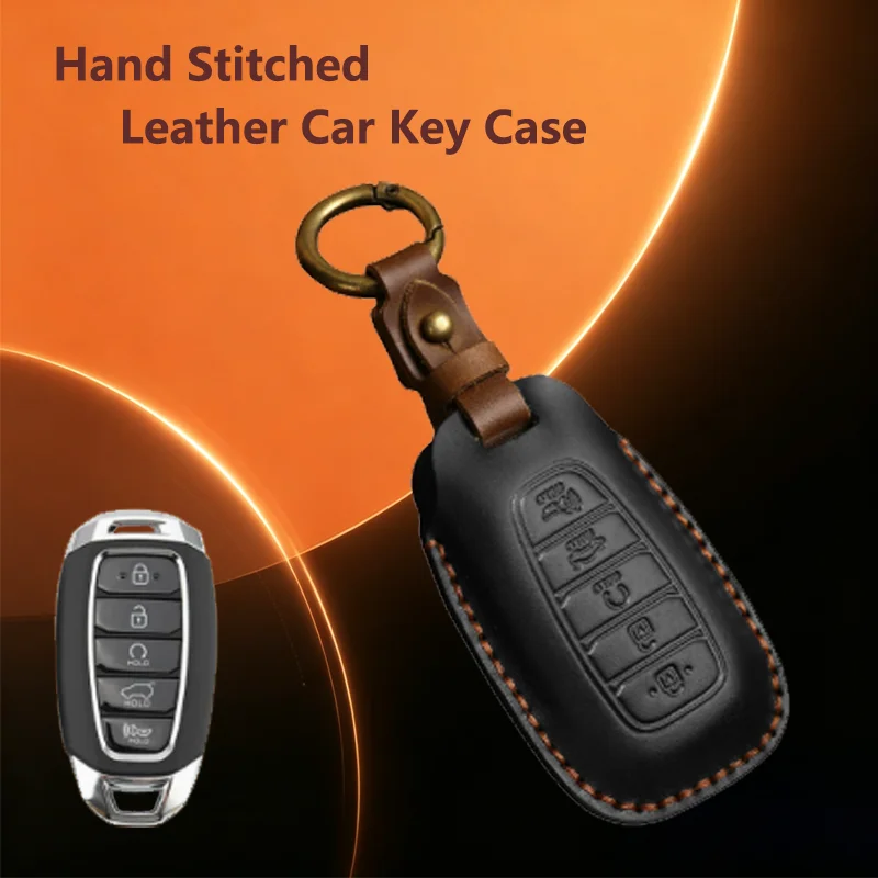 Leather for Hyundai Elantra Kona Palisade Venue Veloster Car Key Case 5 Button Key Cover Fob Black Keychain Holder Accessories