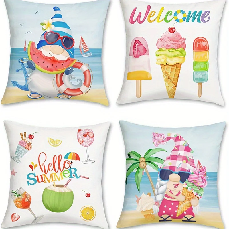 Home Decor Gnomes & Summer Ice Cream Beach Pillows Pattern Cushion Cover Suitable for Sofa Bedroom Car Pillow Cover