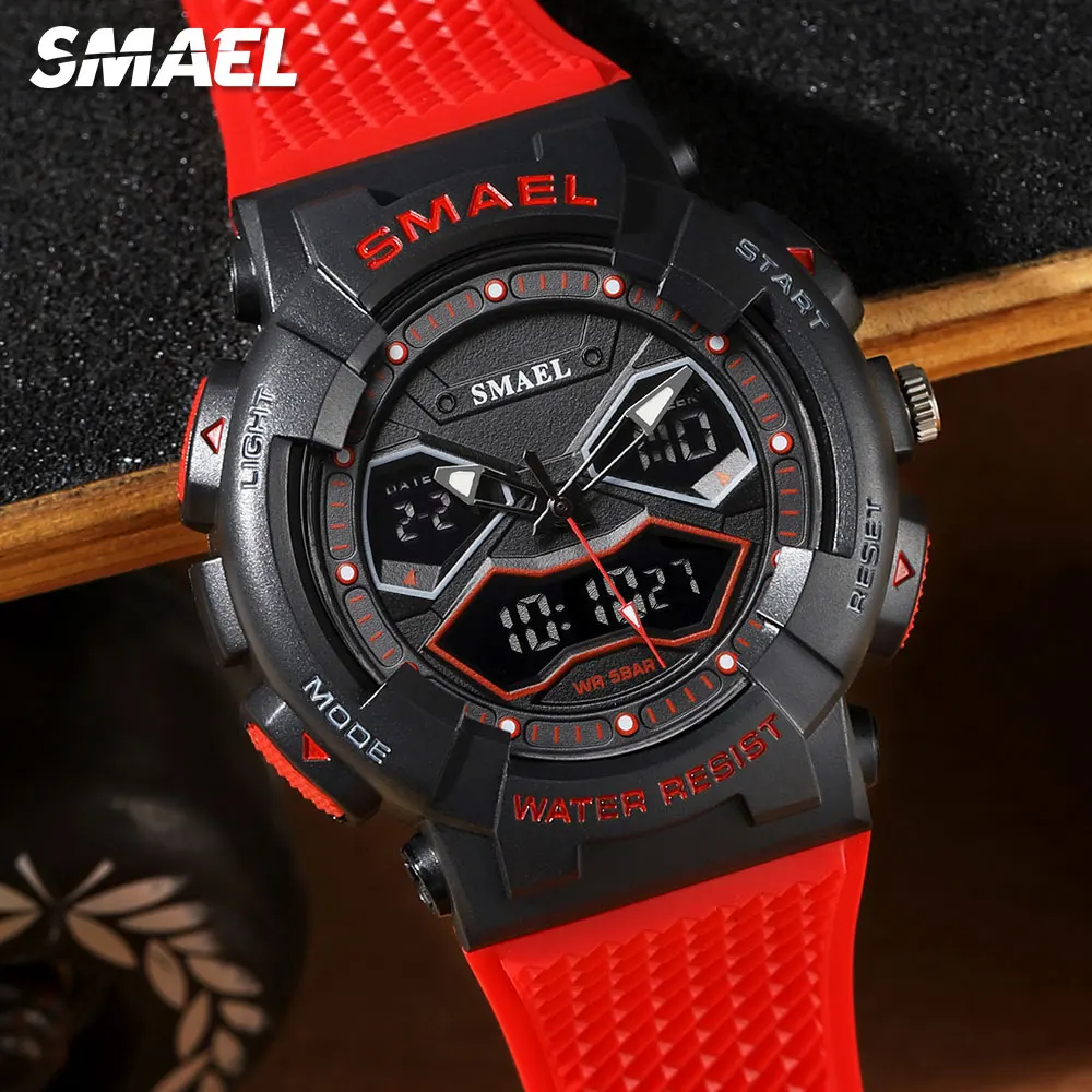 

SMAEL Red Military Sport Watch for Men Fashion Chronograph Quartz Dual Time Display Digital Wristwatch with Auto Date Week 8073