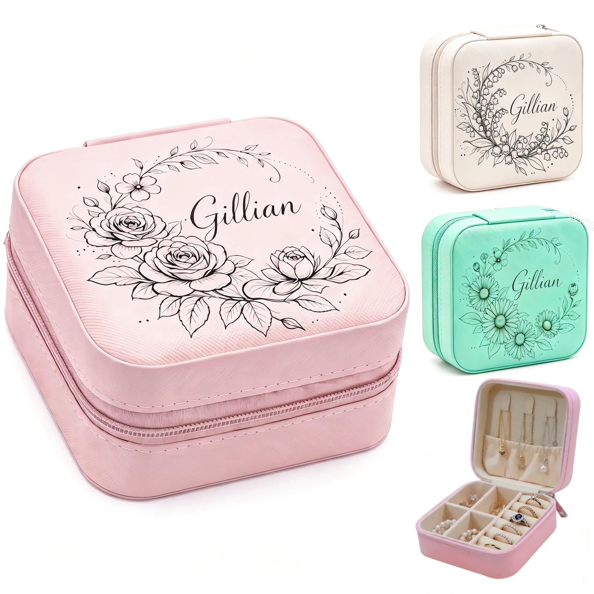 Personalized Jewelry Box, Name Birth Flower, Travel Jewelry Case, PU Leather Organizer, Bridesmaid Birthday Wedding Gift for Her