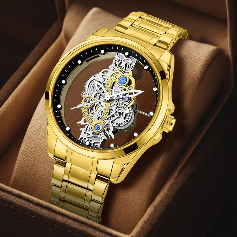 

Мужские золотые стальные ремешки, деловые роскошные кварцевые часы в горошек с двусторонним скелетонизированным дисплеем