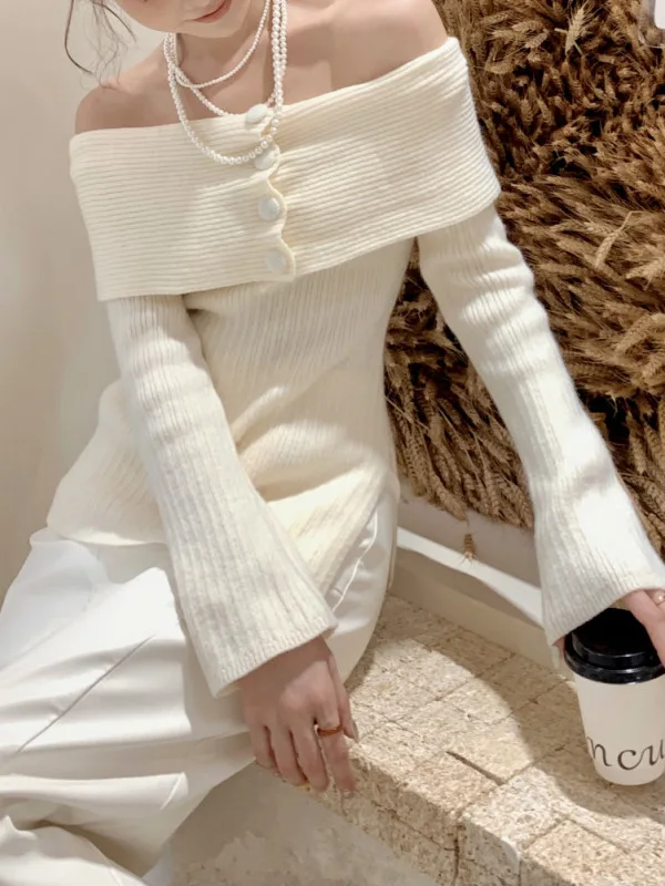 New Style Sheer Fashion Elegant Cute One Shoulder Knitted Sweater Women New Large Lapel Button Design Sense Knit Pullover 62EG