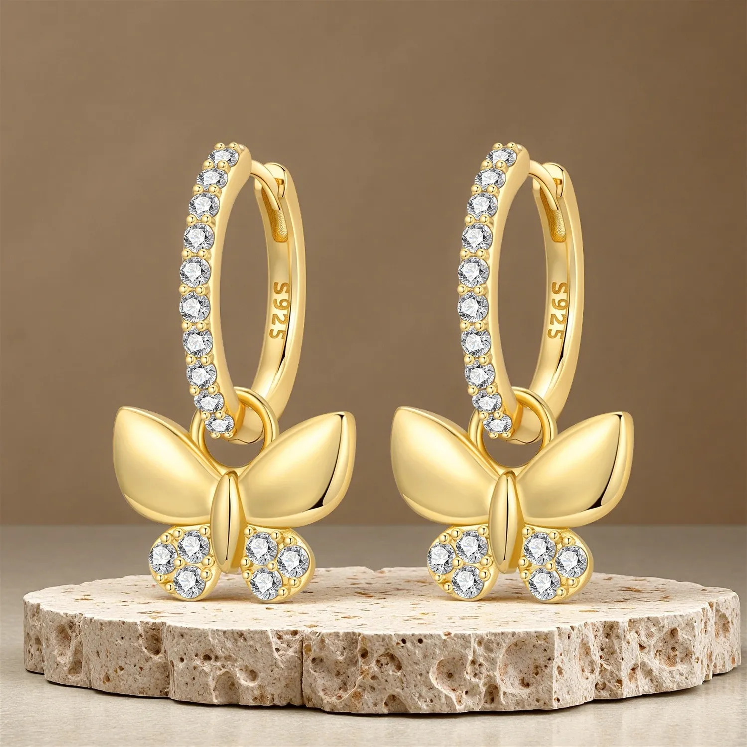 PANPOKI 925 Sterling Silber 18K Goldene Schmetterlings-Insekten-Tropfenohrringe Damenohrringe Mode Party Original Schmuck Feine Geschenke
