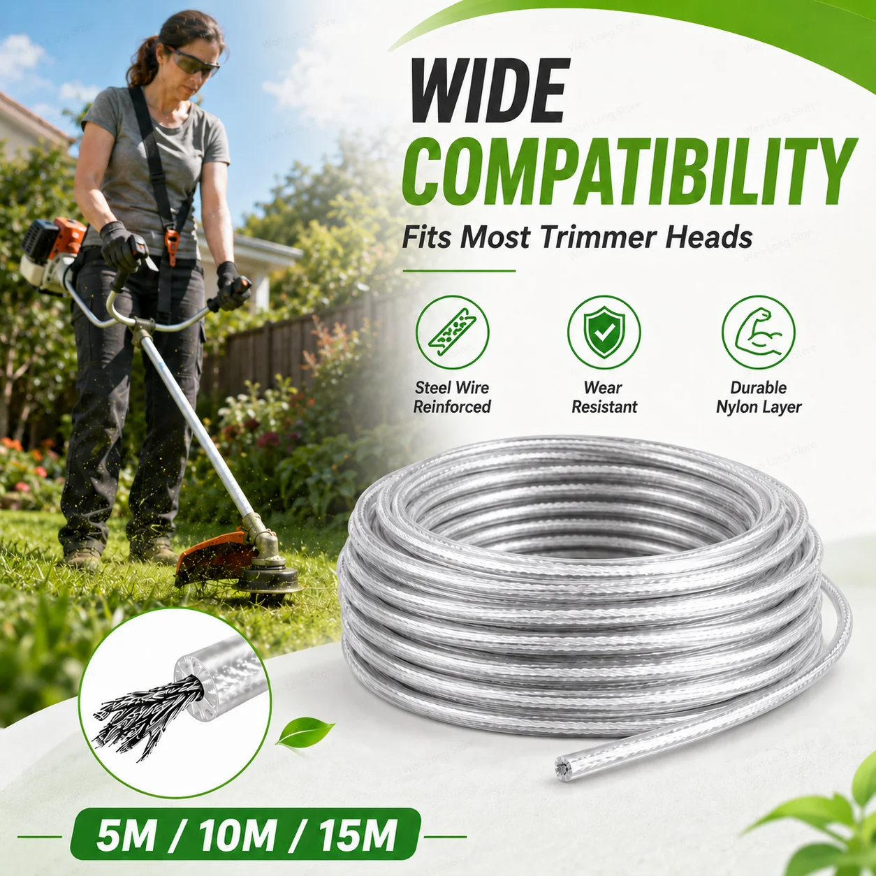 5M/10M/15M Steel Wire Nylon Trimmer Line, Brushcutter Rope, Round Lawn Mower Cord for Garden Grass Cutting, Replacement Roll