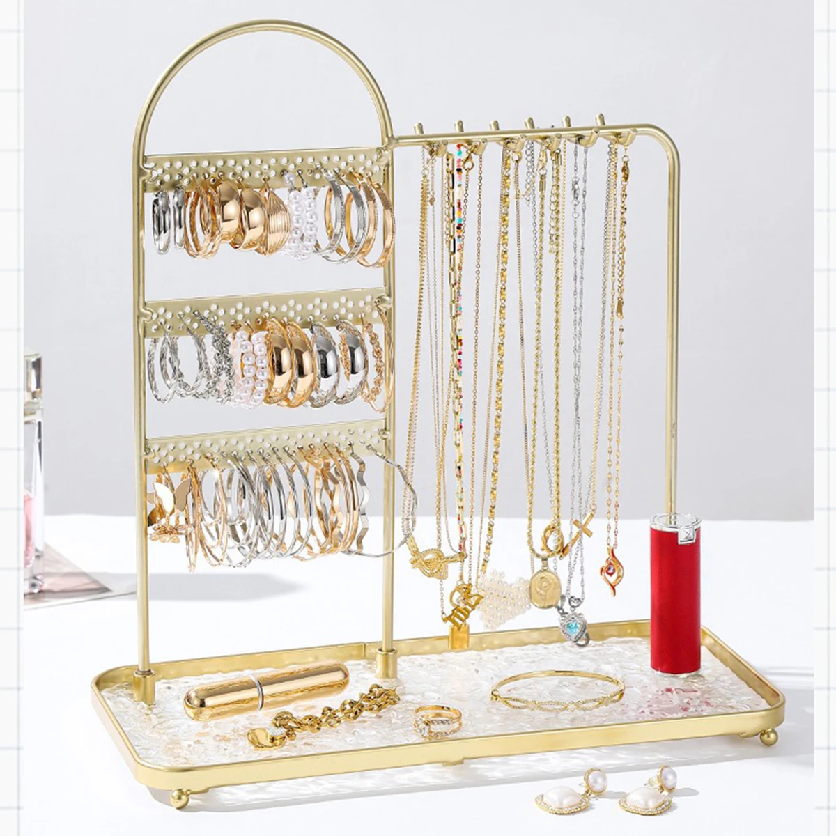 Gold-Plated Iron Double-Sided Jewelry Stand Large-Capacity Multi-Tier Shelves/Hooks, All-in-One,  Sturdy Anti-Tipping