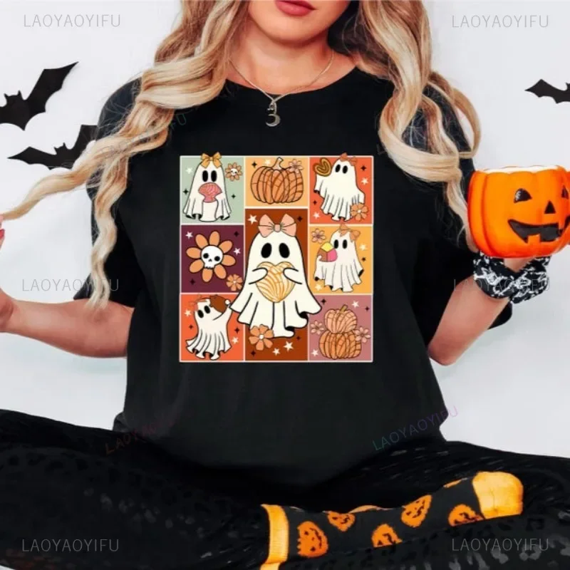 Halloween Ghosts and Coquette Bows T-shirt Cute Ghost Shirt Girls Cotton Tee Halloween Sweater Pumpkin Season Trick or Treat Top