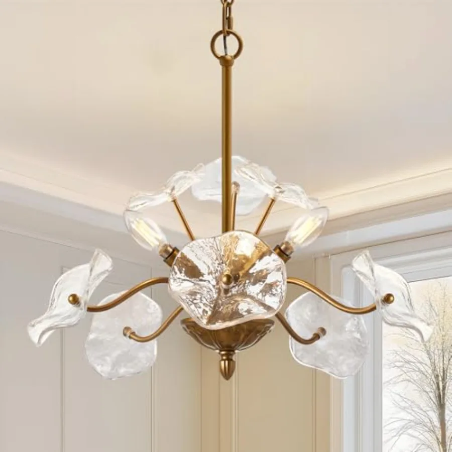 

Современная золотая люстра в винтажном стиле с цветочными стеклянными подвесками, потолочный светильник в стиле середины века для столовой, кухни, гостиной