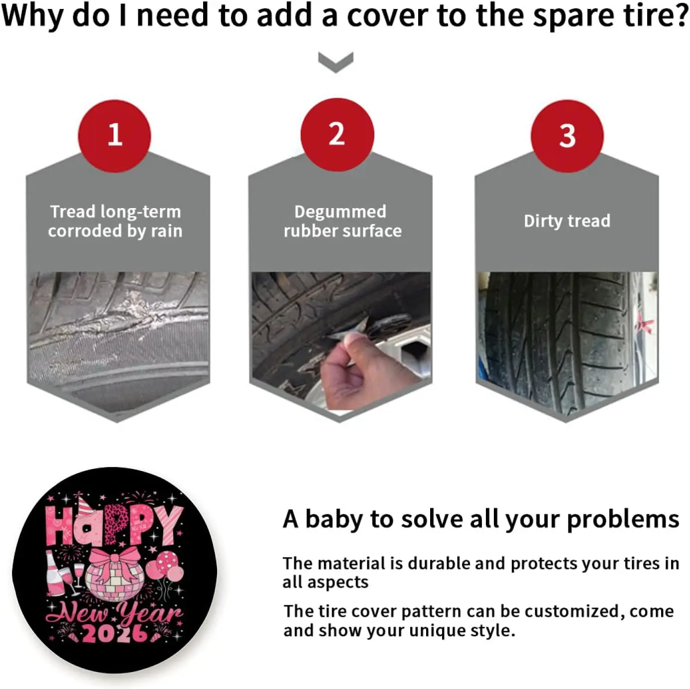 Feliz ano novo festa 2026 ballon família combinando capa de pneu sobressalente para rv, trailer, suv, veículo off-road, trailer, caminhões