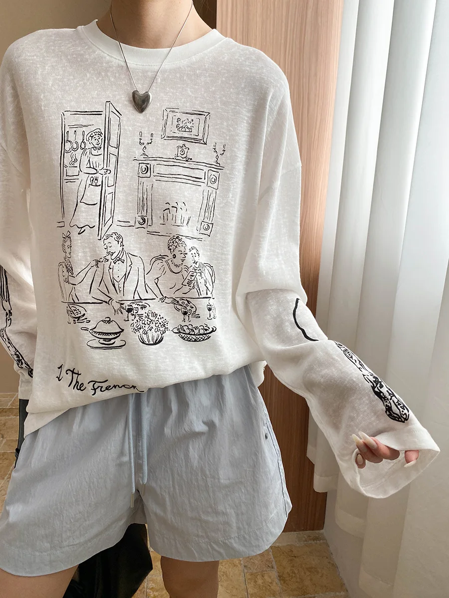 

2025 Spring And Autumn Fashion Fun Cartoon Graffiti Letters Printed T-shirt Round Neck Loose Long Sleeve Women's T-shirtT-shirt