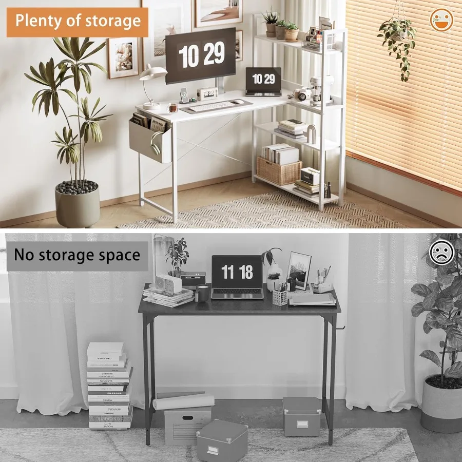 مكتب كمبيوتر على شكل حرف L مقاس 47 بوصة مع رف كتب مدمج ومساحة تخزين ومكتب زاوية للمكتب المنزلي أو غرفة النوم مثالي للكتابة #5