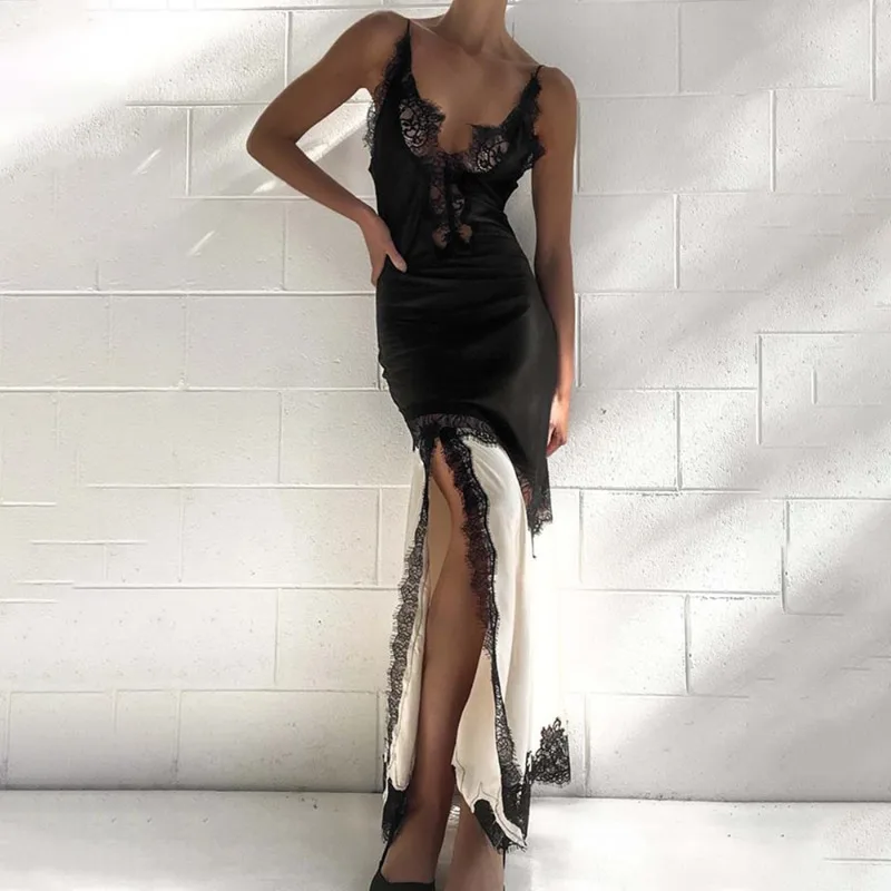 

Talenza Luxury Lace Evening Dresses Women Fashion Clashing Lace Patchwork Halter Dress Sexy Backless High Waist Slim Party Dress