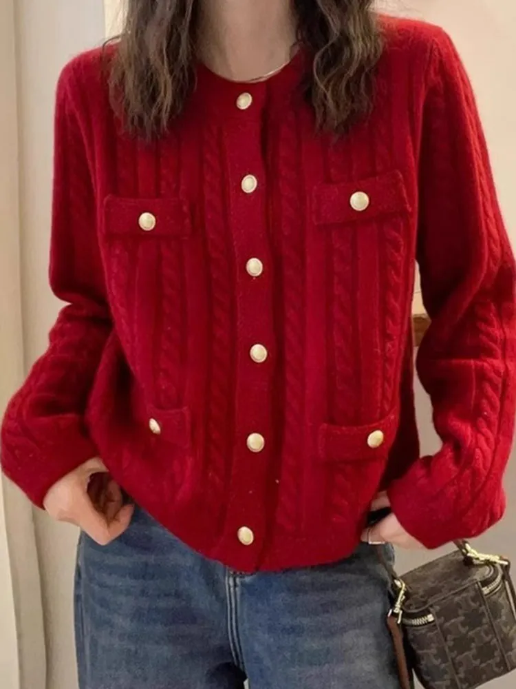 

Red Camere Knitted Open Cardigan Sweater round Ne Long Sve Casual Versatile Women's Top Single Button Faionable Sle