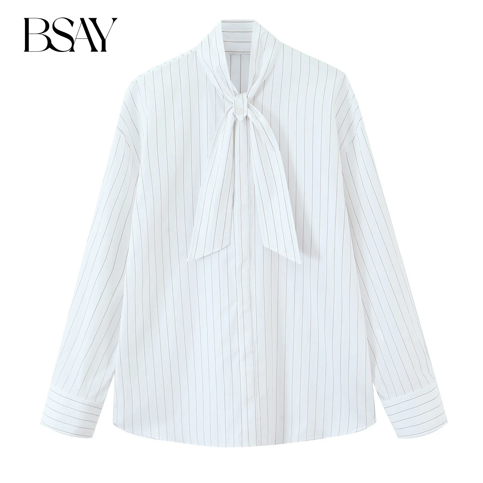 

BSAY Scarf Striped Poplin Shirt for Women Fashion Spring Autumn New Long Sleeves Blouse Street Clothing Shirts Ladies Top