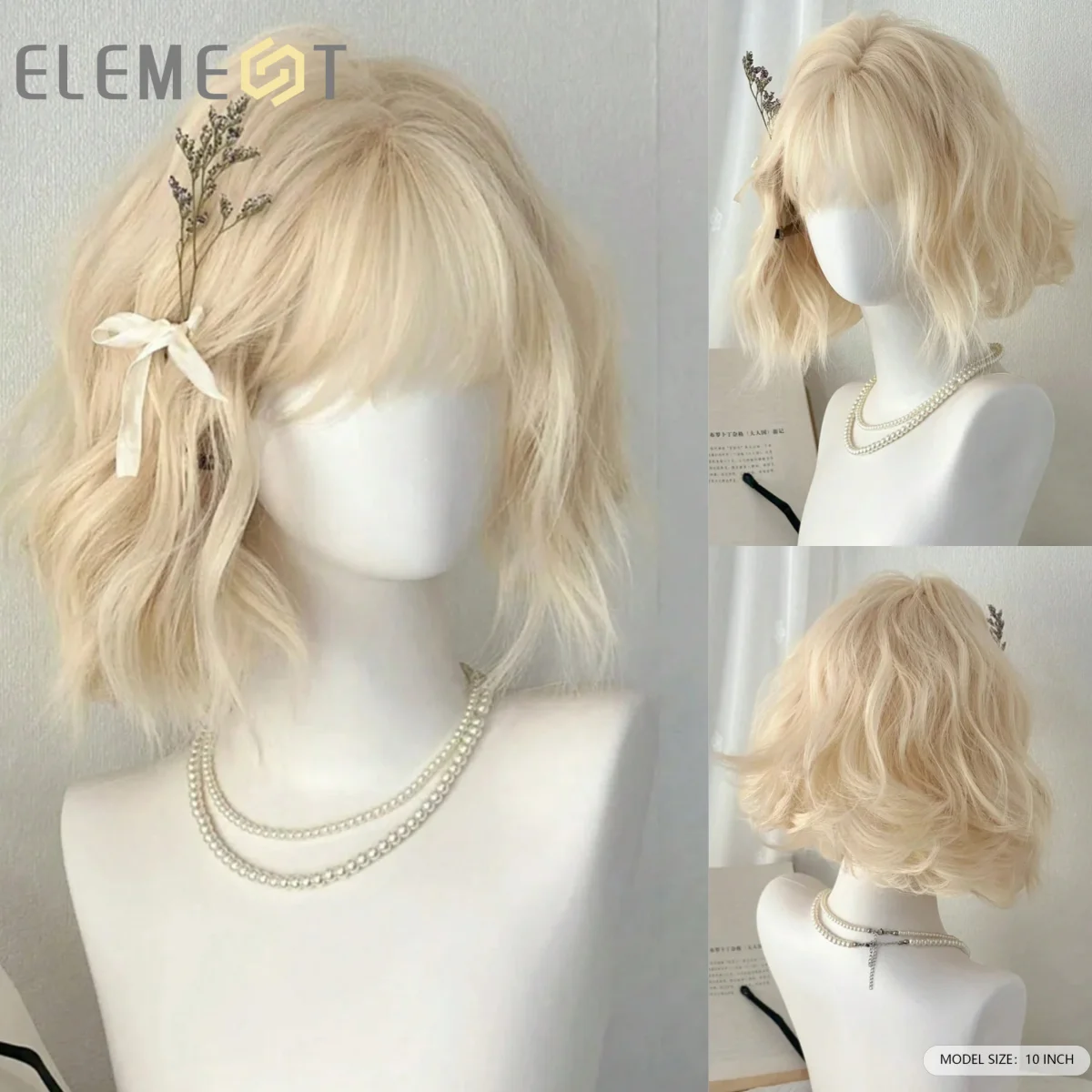 

Element Платиновый блондин, короткий волнистый синтетический парик боб с челкой для женщин, термостойкие волосы для повседневного использования на вечеринке, косплея