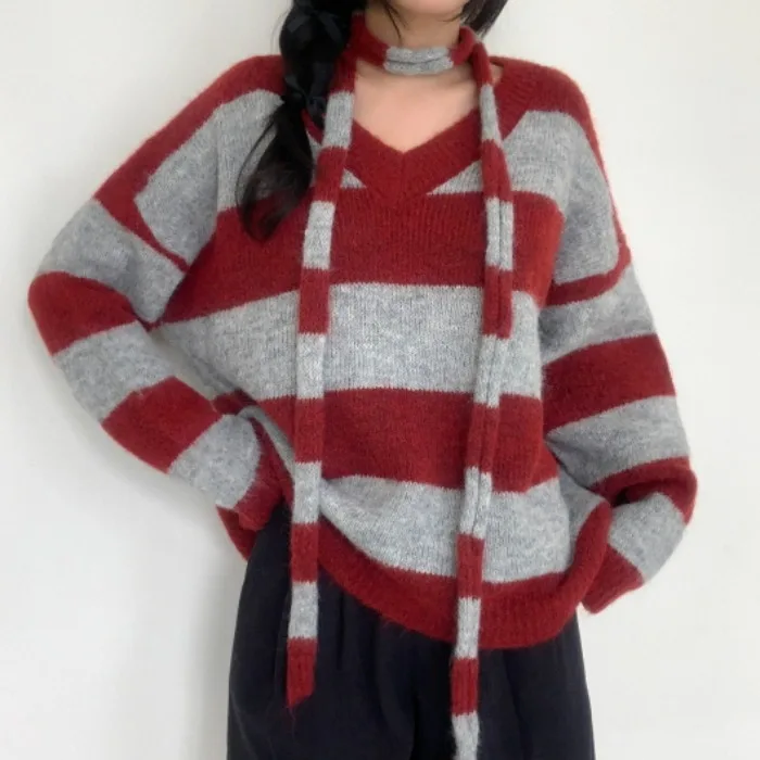 

Шикарный вязаный свитер V-Ne Cisas, красная полосатая цветная блузка для похудения, осень-зима, модный универсальный теплый длинный топ све