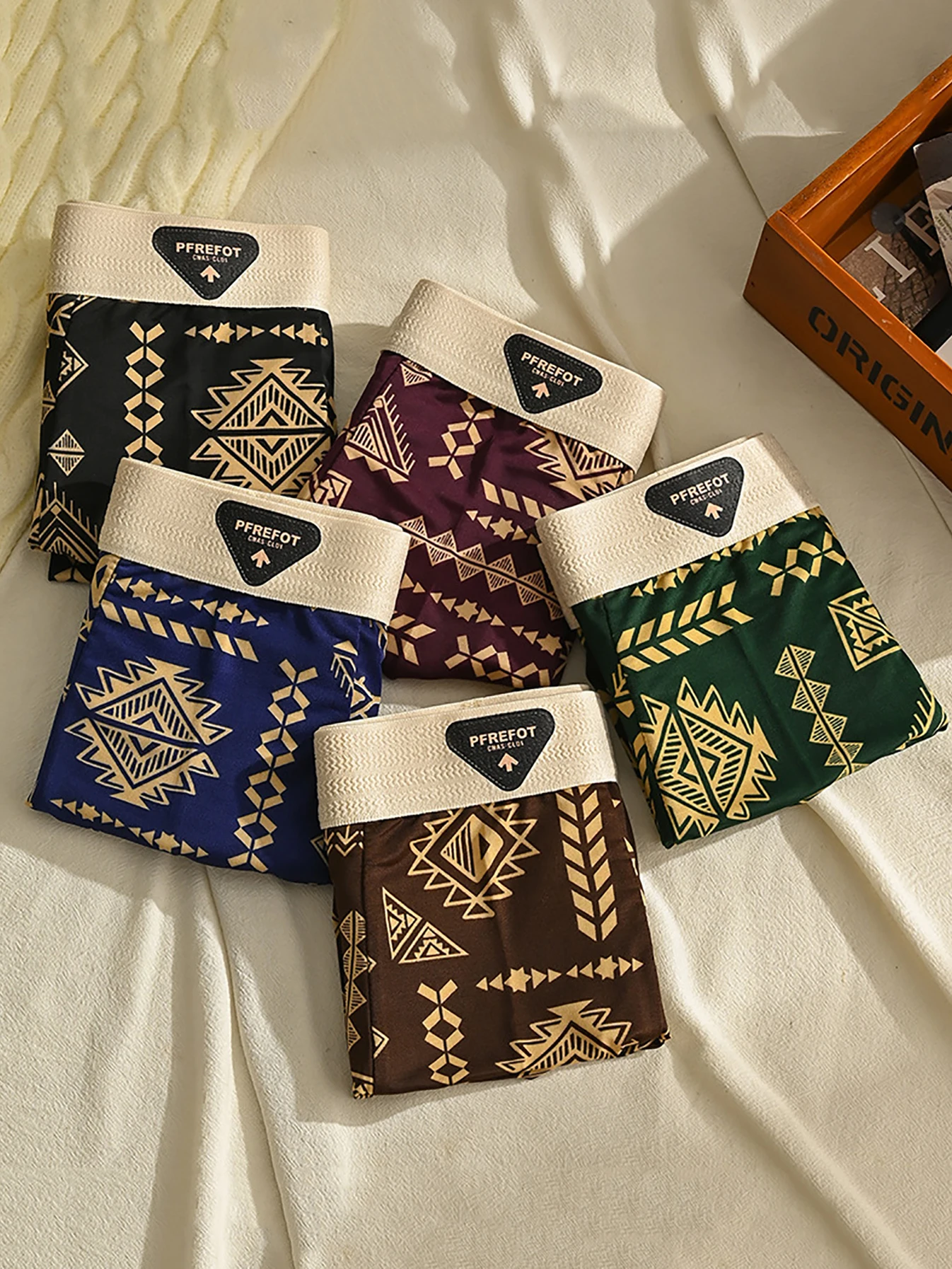 

Мужские трусы-боксеры из 5 шт. из ледяного шелка — этнический этнический принт, пояс с логотипом PFREFOT, разные разноцветные комплекты нижнего белья