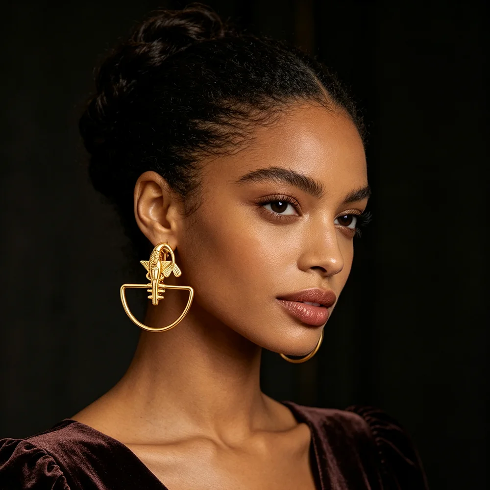 18K vergoldetes Kleopatra-Königin-Halbkreis-Ohrringe- und Ring-Set für Damen, luxuriöse Hochzeits- und Party-Accessoires, Geschenk – Detail 7