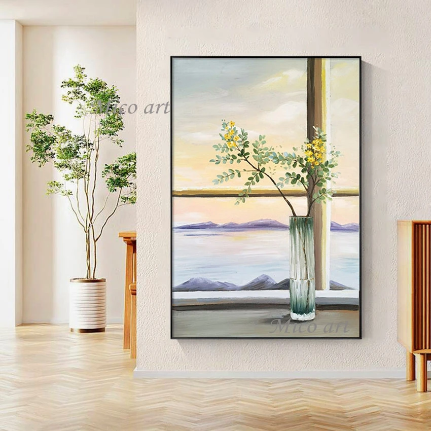 Abstract Canvas Art Modern Flower Vase Painting For Baby Room Wall Decoration Unframed，The View From The Window Hand Picture