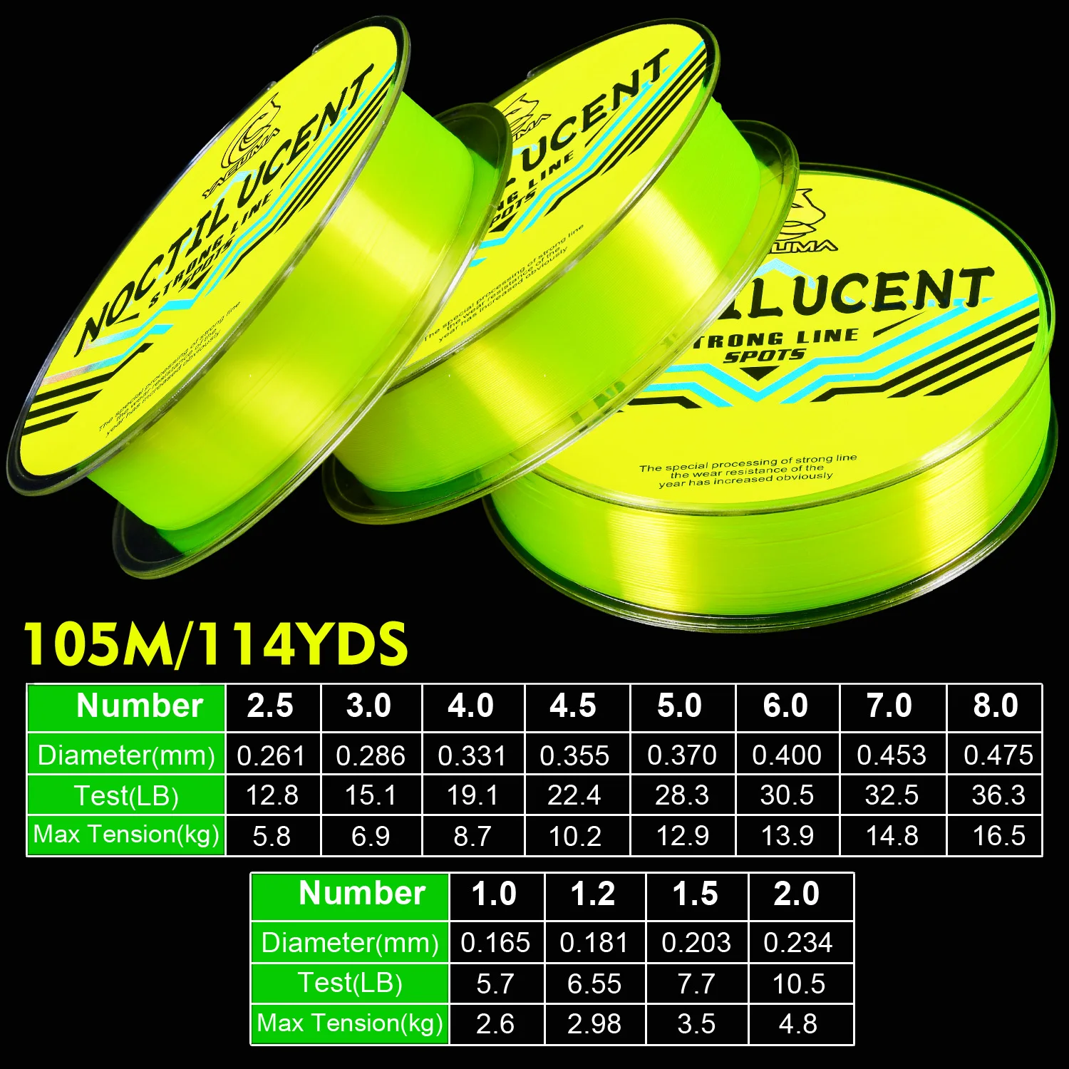 YACUMA 105M/114YDS Fluoreszierend Gelbe Nylon-Monofilament-Angelschnur Nachtleuchtend Hochsichtbar für Verschiedene Angelszenarien – Detail 2