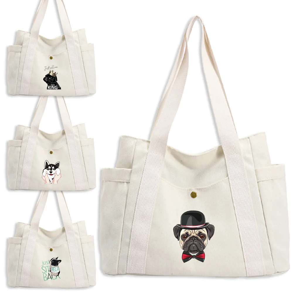 

Stylish Dog Pattern New Large Capacity Side Water Bottle Pocket Single Shoulder Canvas Bag Shopping Bags Commuting Storage Pack