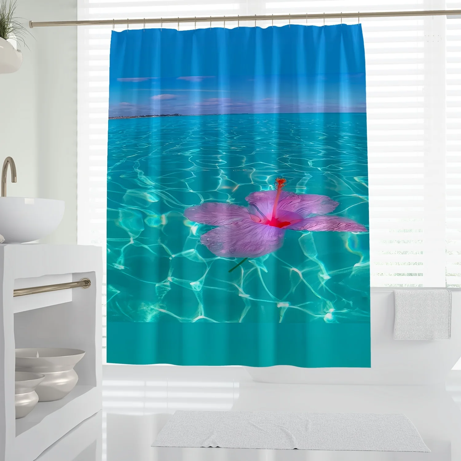 

1 шт., современная занавеска для душа с цифровым принтом Tranquil Ocean View, водонепроницаемый декор для ванны с ярким дизайном лилии воды