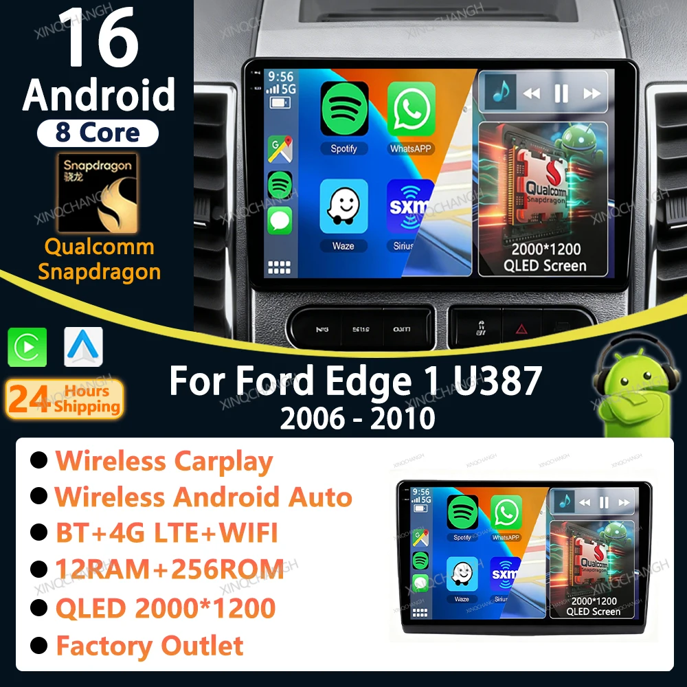 Android 16 Car Radio Carplay Auto For Ford Edge 1 U387 2006 - 2010 Player Accessories Fascia Panel Audio 2 DIN Stereo Video DIN