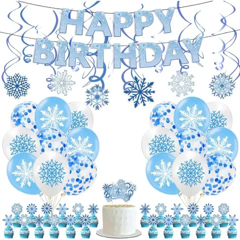 Frozen Snowflake Birthday Party Supplies Set, Winter Wonderland Banner Balloons Cake Toppers, Snowflake Hanging Swirls Christmas