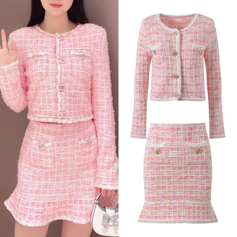 

Ele Sakura Pink Women's Long Sve round Ne Open Cardigan Coat Fi Tail Skirt Set High-End European Faion Sensation