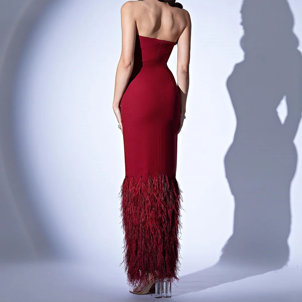 Customized Temperament Feathers Jersey Red Evening Dress Fashion Strapless Straight Sleeveless Floor Length Homecoming Gowns