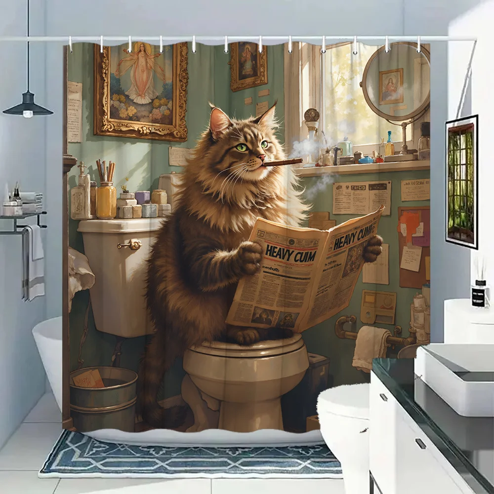 Cortina de Ducha Impermeable y Resistente al Moho con Estampado de Gato Maine Coon Peludo Fumando un Cigarro y Leyendo un Periódico en el Baño, Estilo Pintura al Óleo Vintage