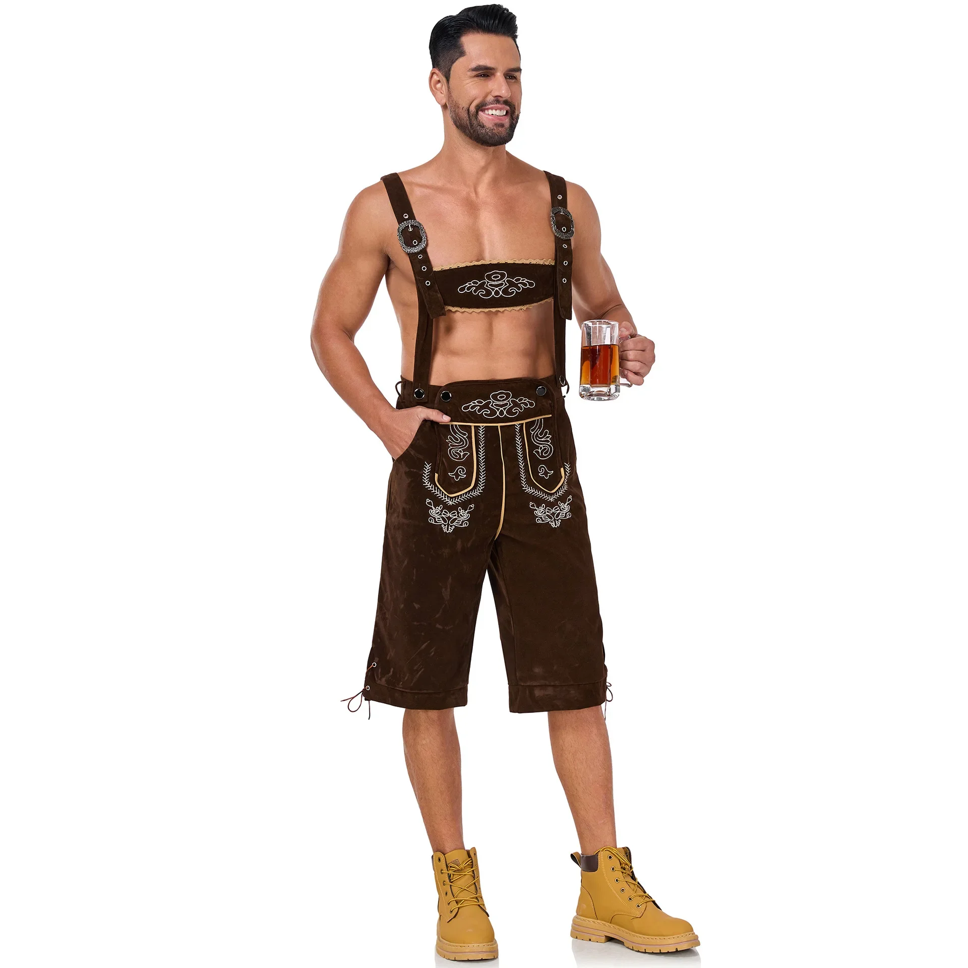 زي Lederhosen لمهرجان البيرة البافارية للرجال مع حمالات - ثوب فضفاض بأكمام قصيرة لمهرجان أكتوبر الألماني #5