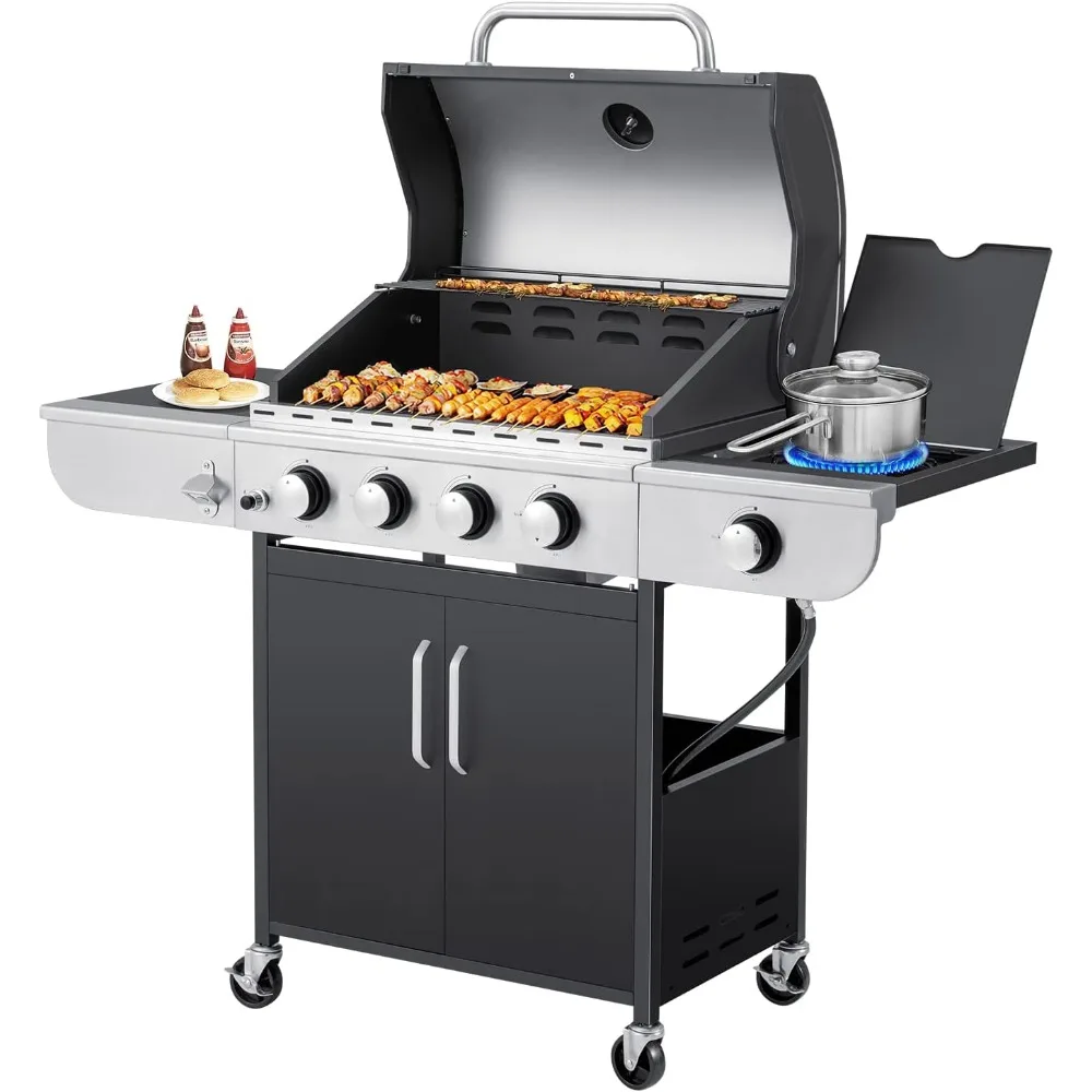 

BBQ Propane Gas Grill, Stainless Steel Patio Garden Barbecue Grill with Stove and Side Table, 4 Burner, Barbecue Grill