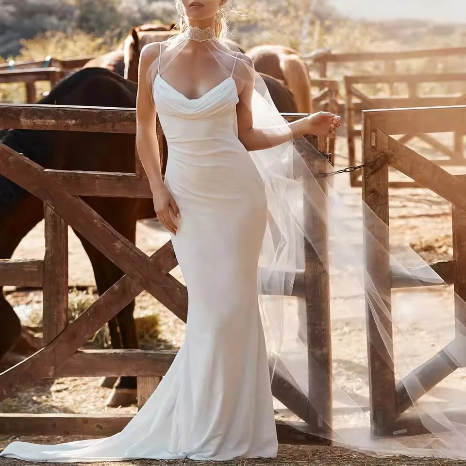 Свадебные платья-русалки на тонких бретелях с индивидуальным дизайном, с шалевым воротником-хомутом, летние пляжные свадебные платья для невесты, свадебное платье (robe de mariag)