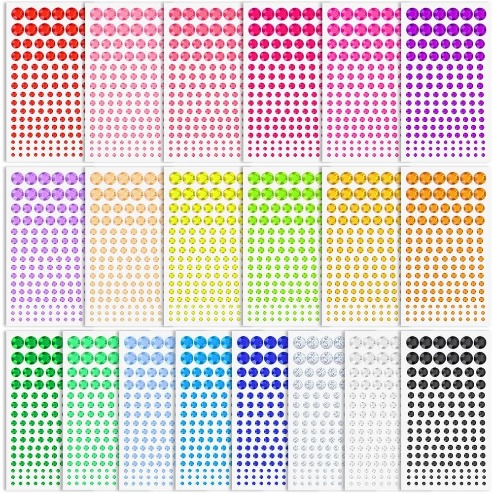 

2800 Pcs Self Adhesive face Rhinestones gems Stickers in 20 Colors, 6 Sizes Stick on Jewels