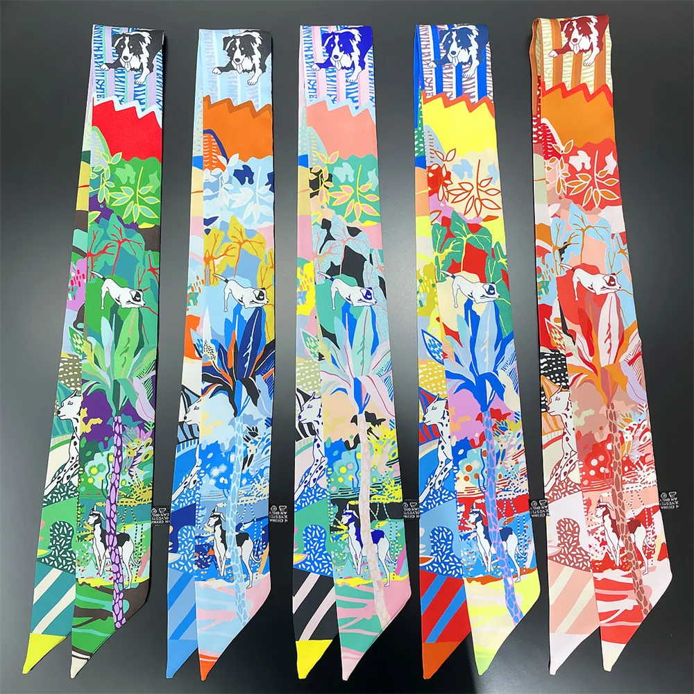 

Fashion Beauty Skinny Bag Strap For Women Dog Print Ribbon Silk Scarf Headscarf Headwear Long Wrap Hair Hand Accessories