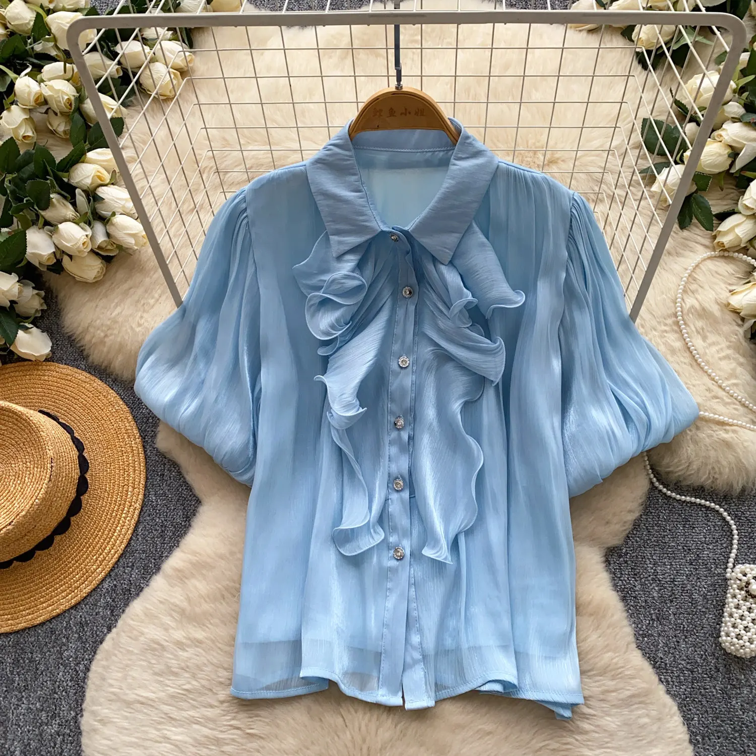 

French Royal Style Blouse for Women Summer Satin Silk Short Sleeve Lantern Sleeve Ruffle Shirt Elegant Office Wear Female BL436