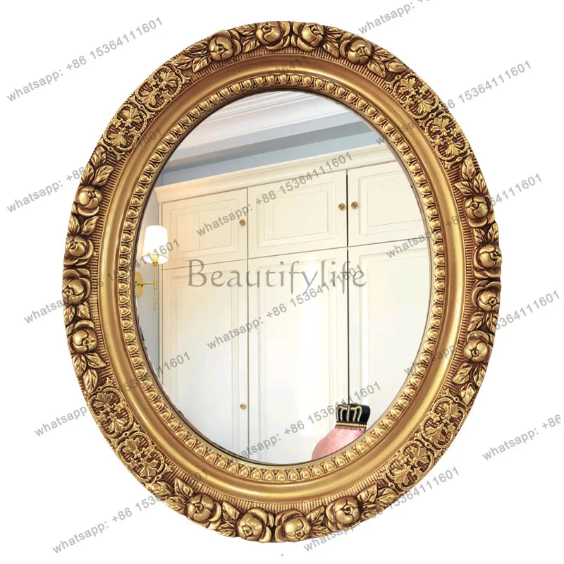 European oval bathroom mirror carved decoration dressing bathroom hanging mirror