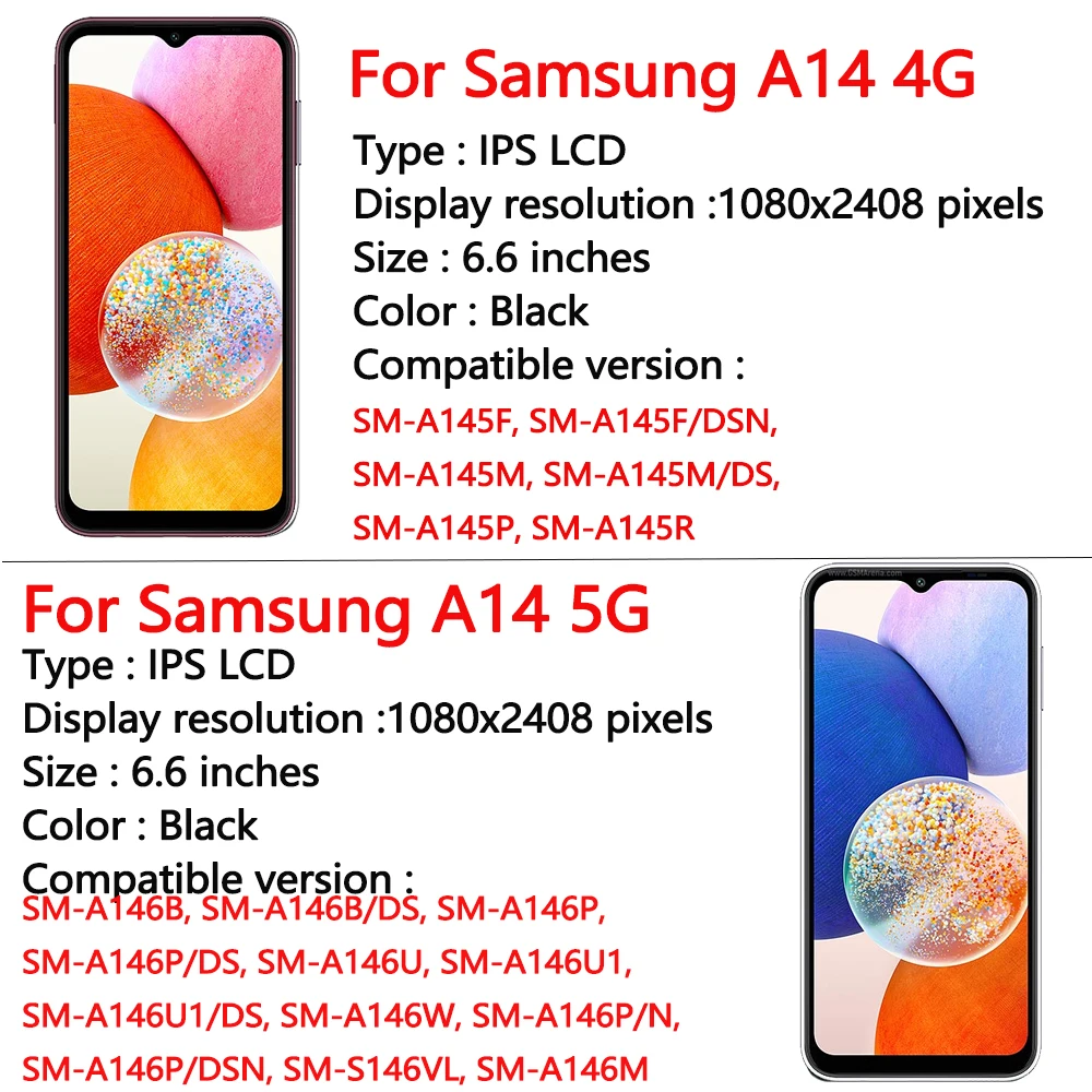 Peça de substituição do digitador do tela táctil, exposição do LCD para Samsung Galaxy A14, 5G, A146, A146B, A146P, A146U, 6,6\