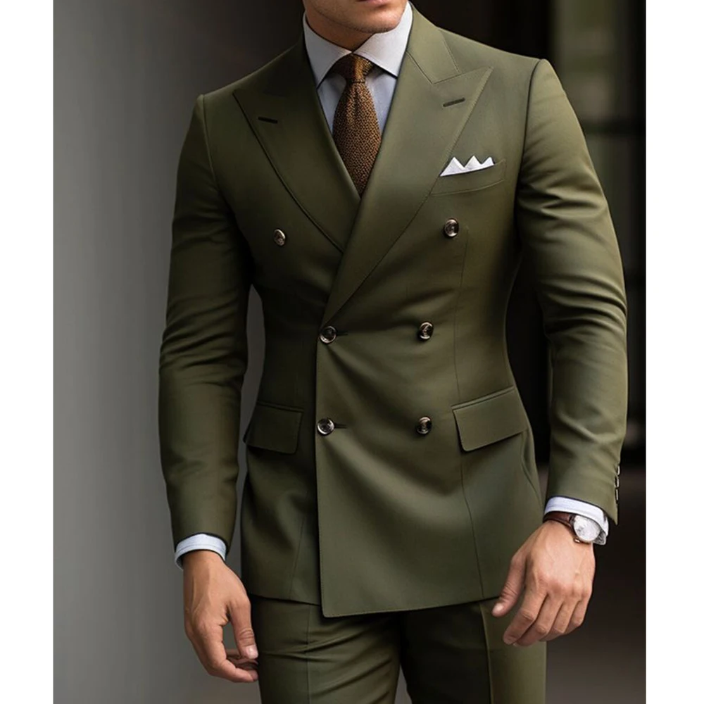 Formal Men's Suits Green Slim Fit High Quality Regular Length 2 Piece Jacket Pants Luxury Blazer Full Set Chic Costume Homme