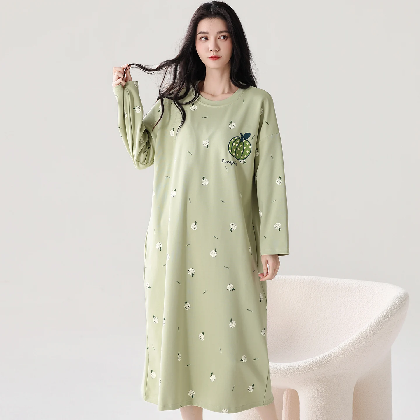 Autumn O-Neck Long Nightdress Long-sleeve Nightgown Full Cotton Casual Tracksuit Pijamas Mujer Big Yards Print Skirt Sleepwear