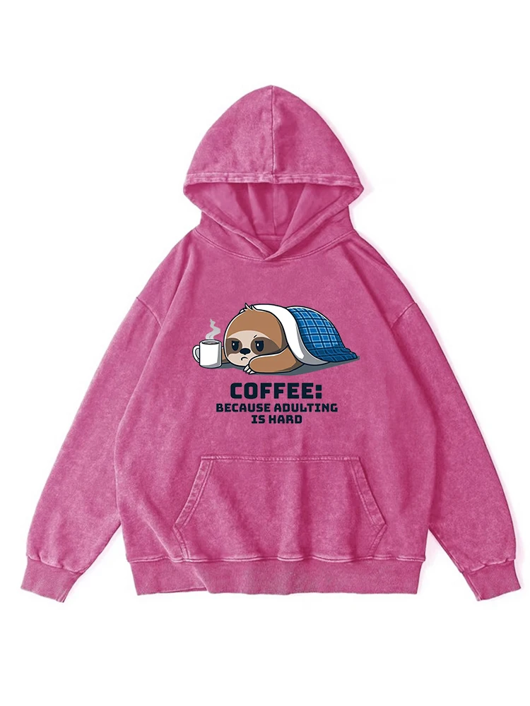 Koalas Drinking Coffee Print Woman Distressed Hoodie Vintage Warm Washed Hooded Casual Soft Cotton Simple Loose Clothes Female