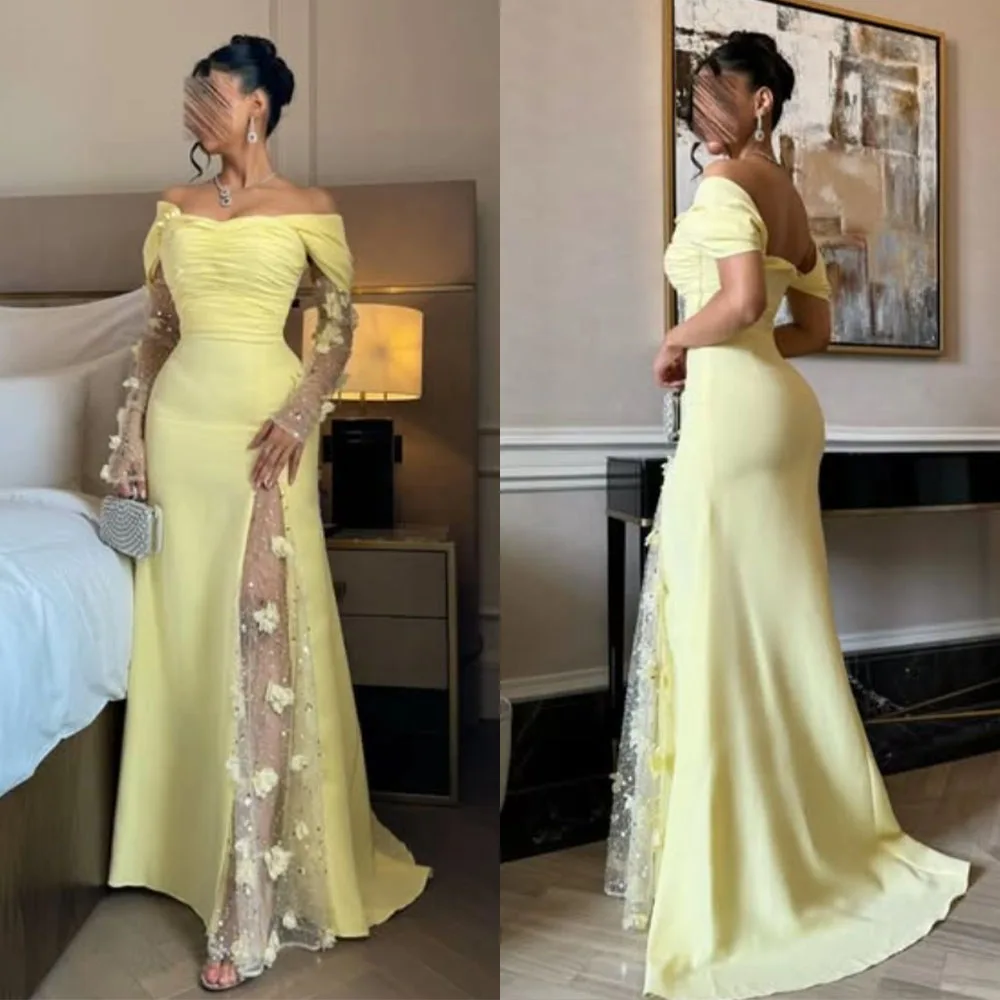 高品質カスタムメイドの床丈イエローアップリケスパンコールバックレスハイフォークオフショルダースイープトレインチュールしわ加工レディースドレス