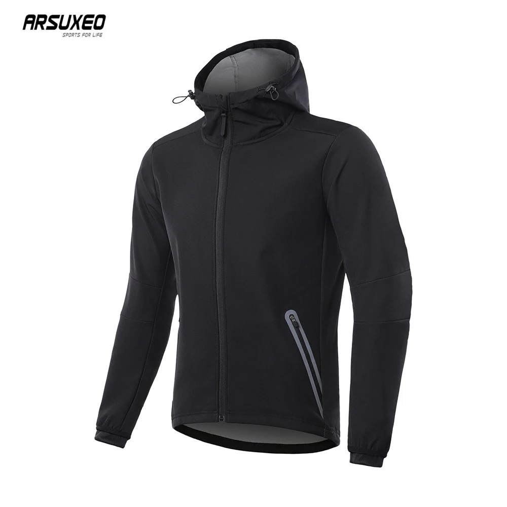 ARSUXEO Men Winter Cycling Jacket Thermal Fleece Windproof Waterproof Bike Jersey Coat MTB Road Bicycle Hooded Jacket Reflective