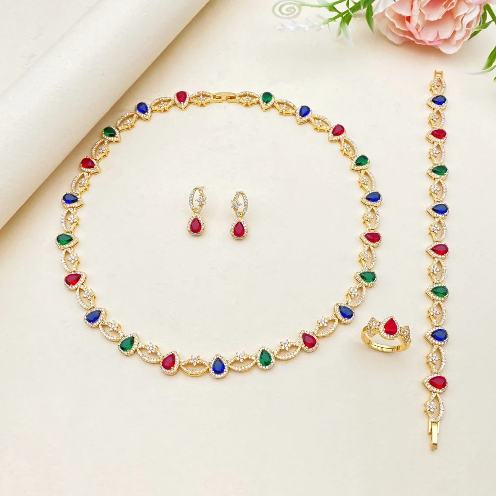 

Flora Trending Geometric Design Gold Plated Brass Zircon Jewelry 4-Piece Luxury Necklace Bracelet Earrings Ring Set