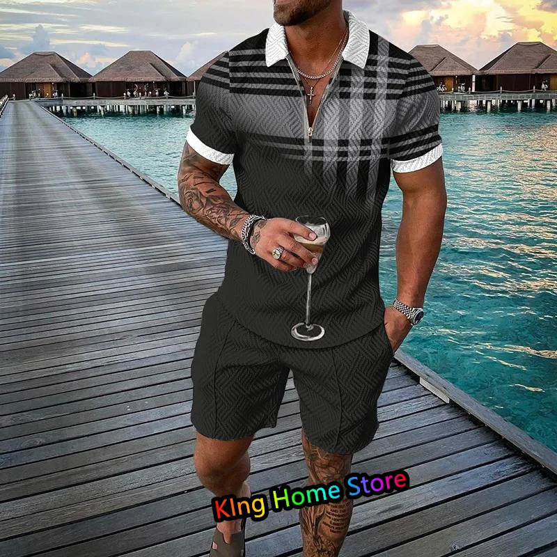 Mode Männer Set Streetwear 3D-Grafiken Druck Kurzarm Revers Polo-Shirt Shorts Anzug Harajuku Sportswear Herren bekleidung