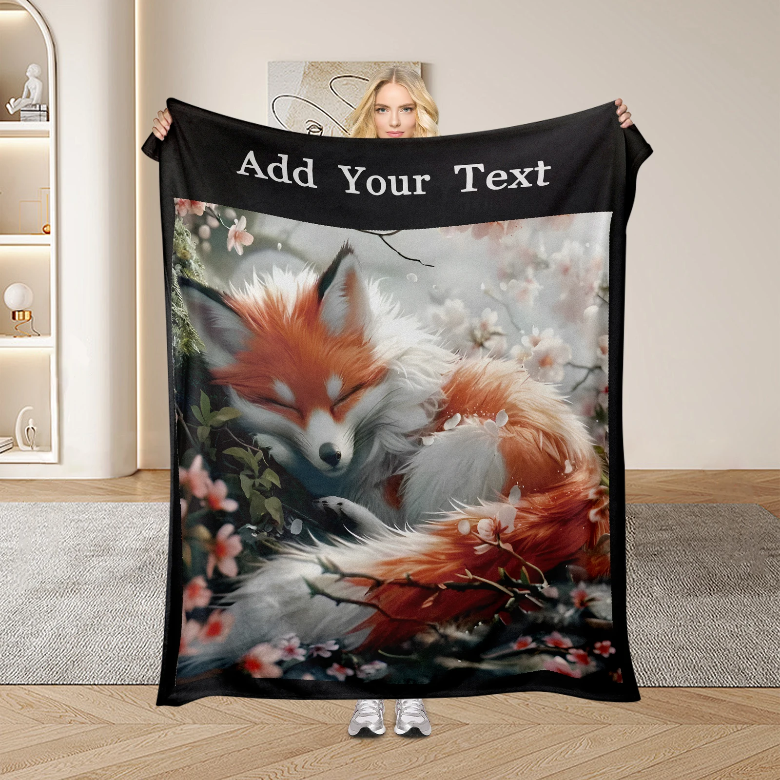 Spirit Fox Text Print Customised Blanket Romantic Fox and Cherry Blossom Tree Special Gift for Girls Sofa Bedroom Available