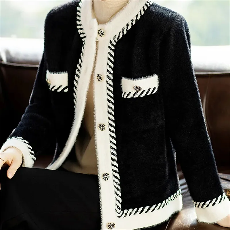 

Autumn Winter Lady Round Neck Imitation Mink Fur Coat Women Color Collision Knitted Cardigan 2024 Female Long Sleeves Sweater