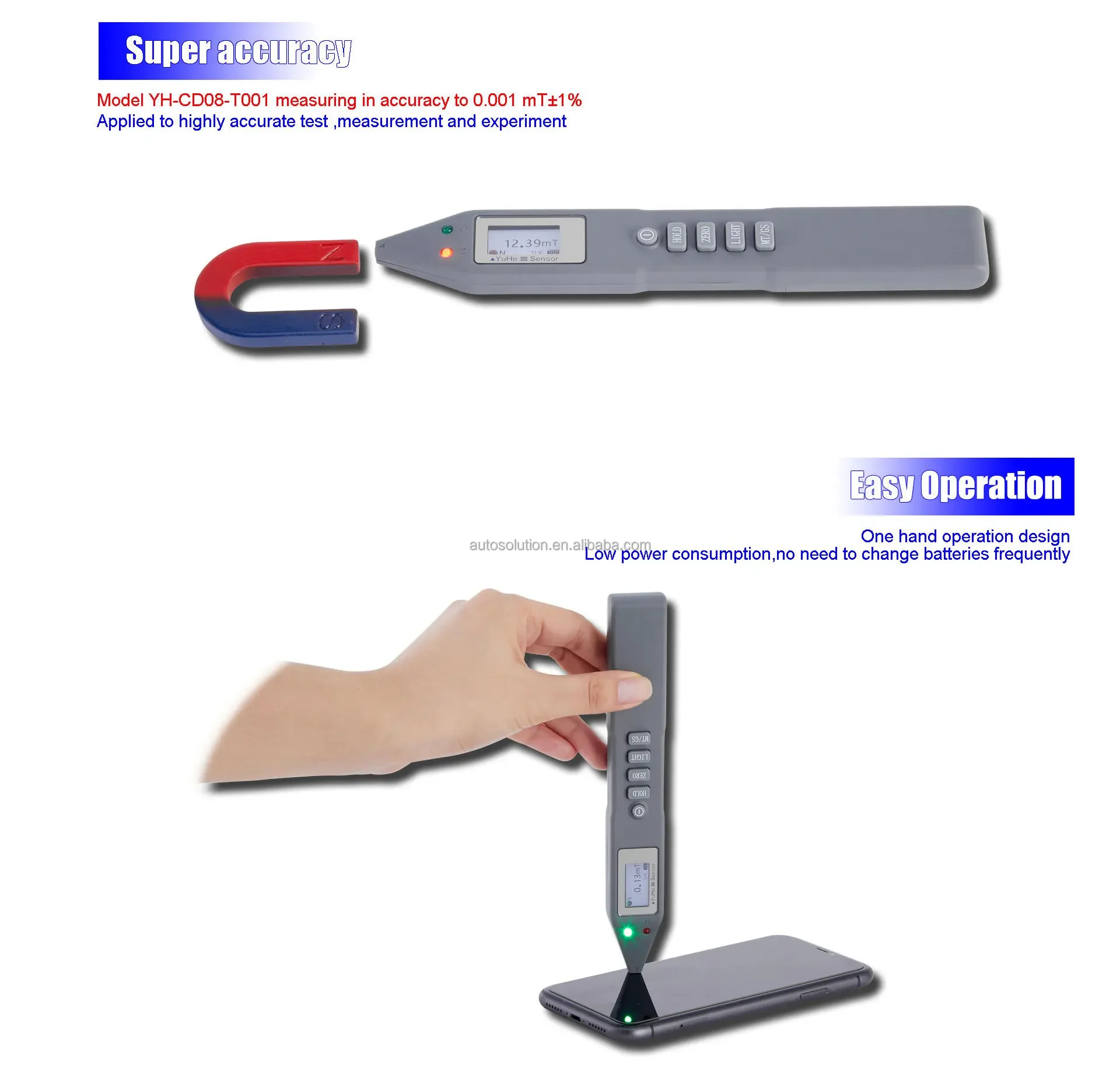 Capteur de tête de poteau de champ magnétique isolé ± 1% 0.001mT, détecteur de Gauss, magnétomètre 0-2500mT, Compensation de température