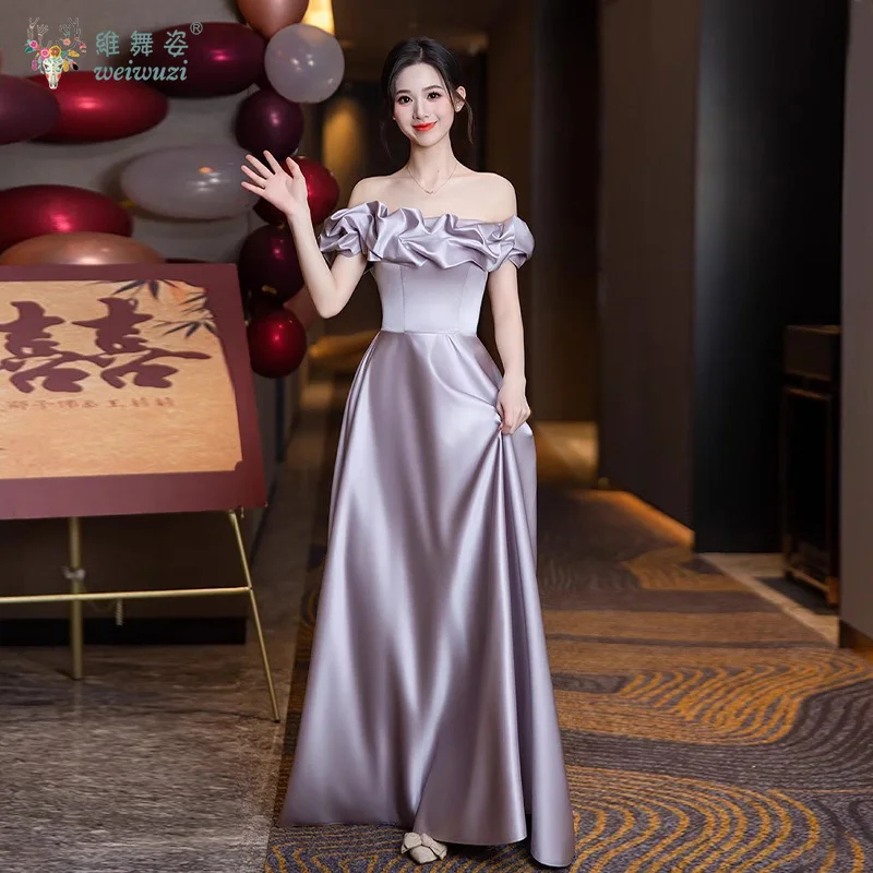 2025 novo roxo suave cetim uma linha colar fora do ombro gola quadrada mangas bolha cintura alta vestido de casamento da dama de honra