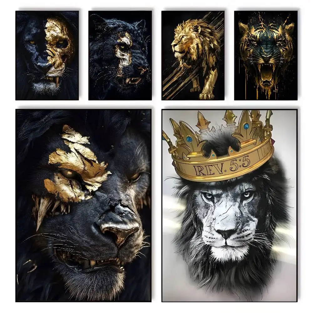 الحيوانات الأسود والذهبي النمر الأسد المشارك الفن قماش HD الجمالية ورق الطباعة جدار الفن لغرفة المعيشة بار ديكور المنزل الموضة